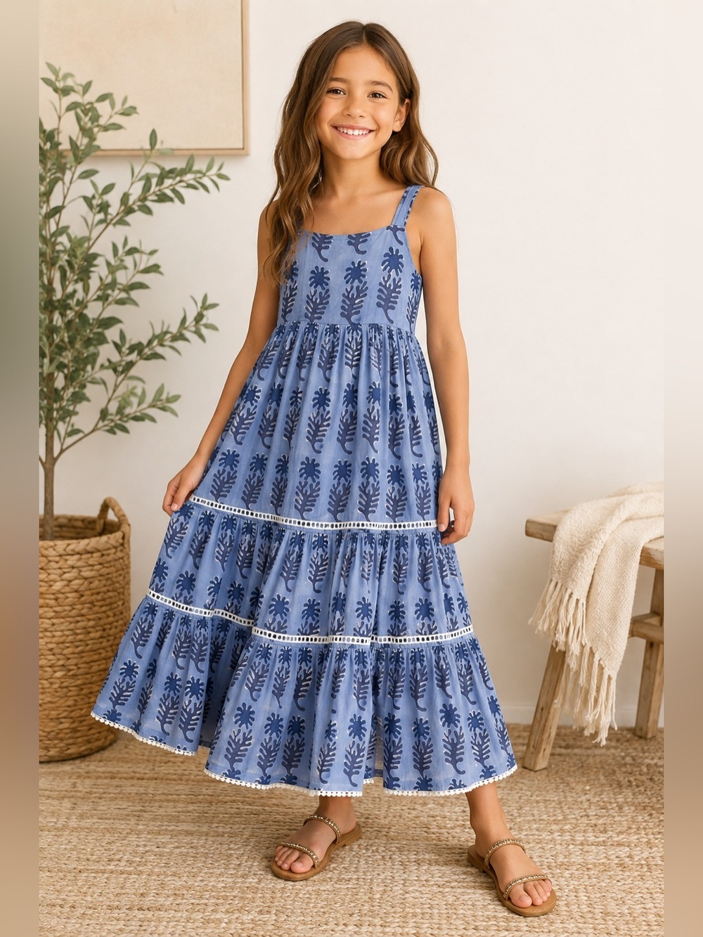 Oliphant | Girls Blue Botanical Block Print Tiered Maxi Dress | Size 8